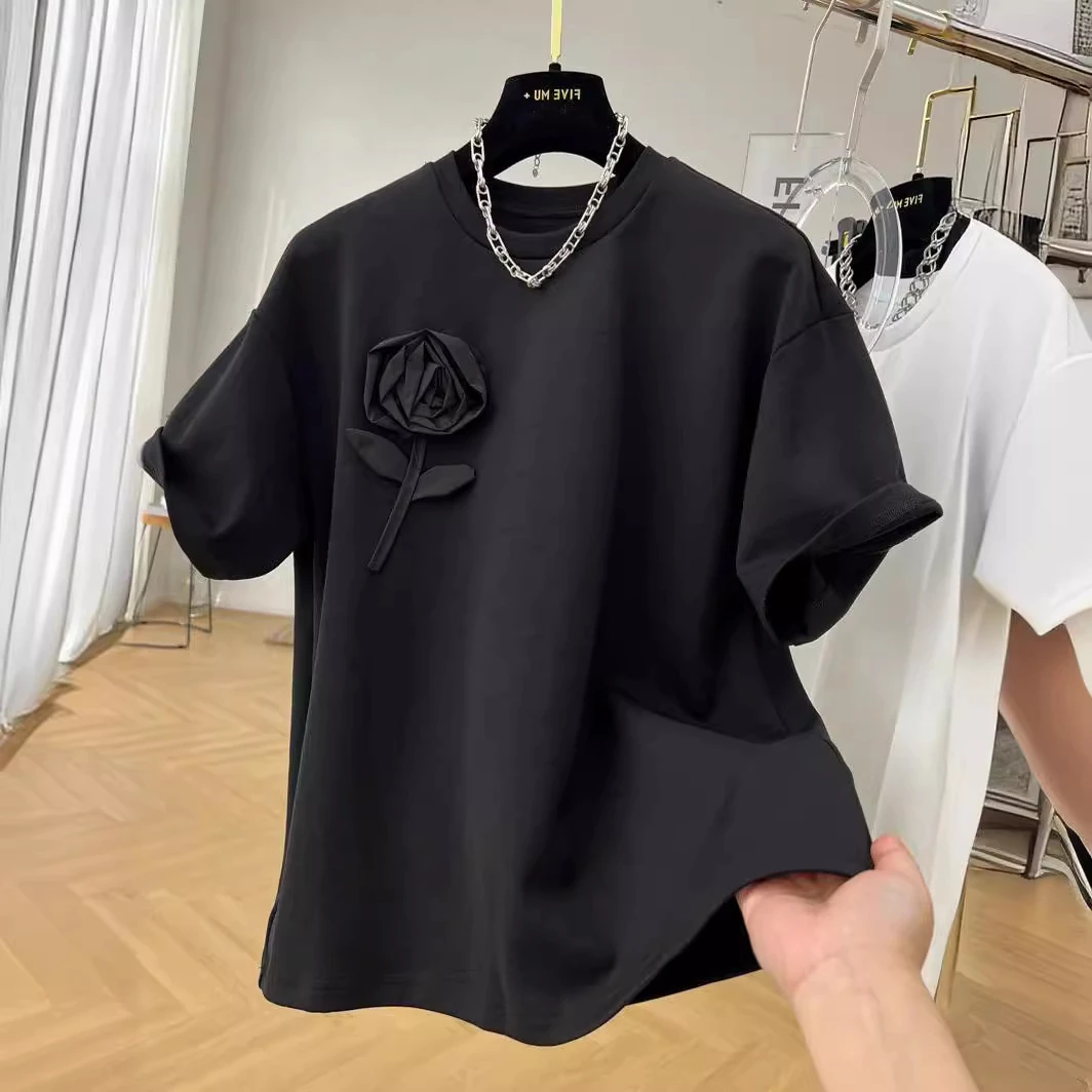 心动码住了！新款重工立体花朵圆领短袖T恤女夏季重磅纯棉半袖上衣