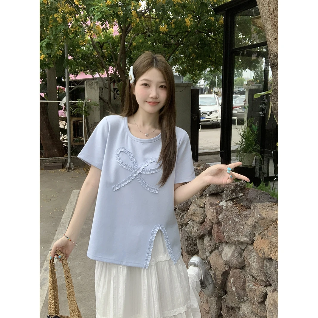【小曹大码】夏装新款女韩系木耳边蝴蝶结开叉短袖T恤-ONL35089