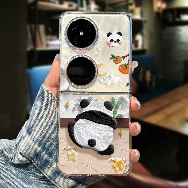 适用华为pocket2手机壳创意油画熊猫P50pocket可爱网红女款透明壳