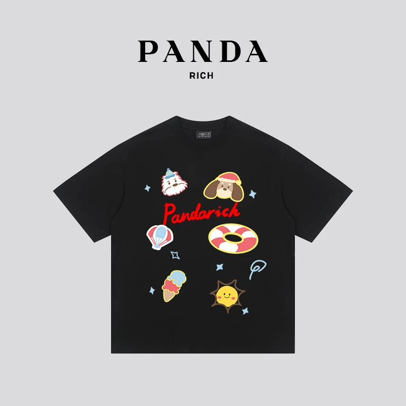 PANDARICH萌宠印花情侣T恤高级感休闲短袖男T恤纯棉黑色卡通ins