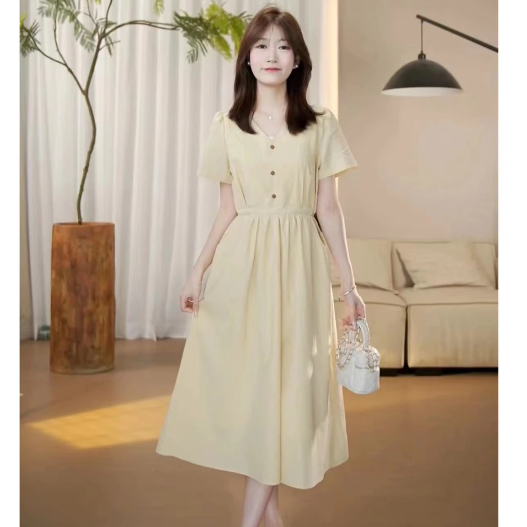 【现货】夏季新款V领收腰薄款百搭高腰休闲极简连衣裙-8032