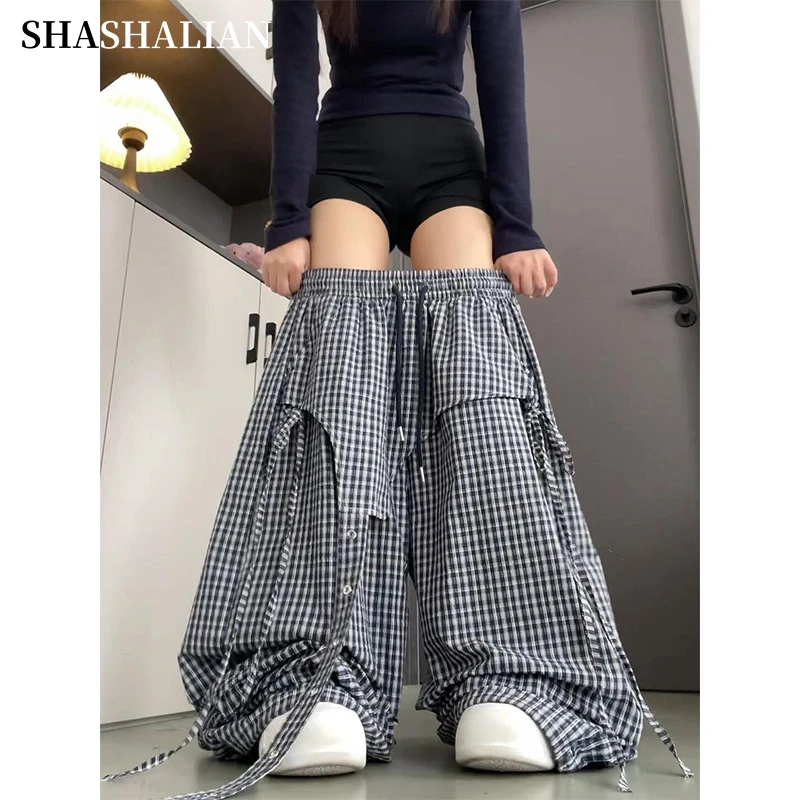 美式屁帘格子工装裤女夏季2025新款高腰设计感休闲裤女显瘦阔腿裤