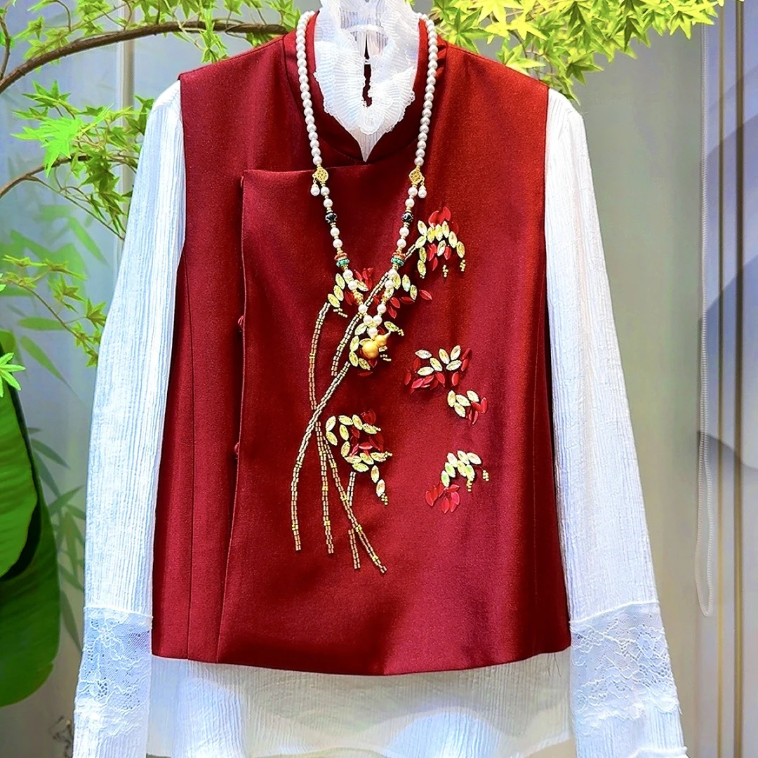 【金竹报喜】设计师新中式秋冬新款手工法绣喜庆红色马夹百搭马甲