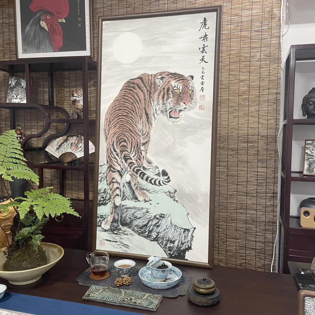 手绘国画《虎啸云天》124*64cm实木框 茶室玄关客厅上山虎挂画 免装