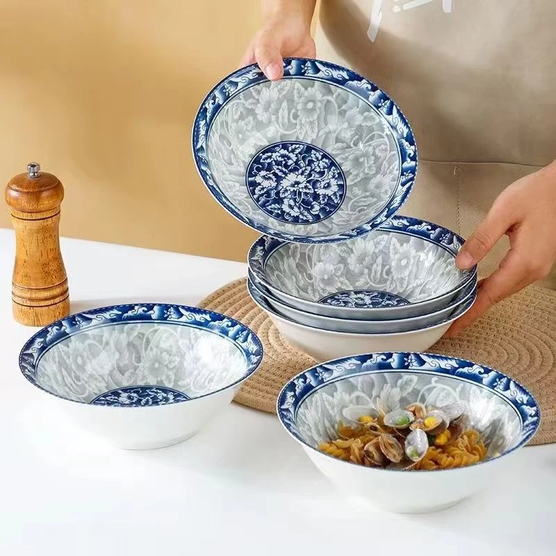 青花瓷7英寸面碗8只装高温釉下彩陶瓷中式风可微波炉洗碗机