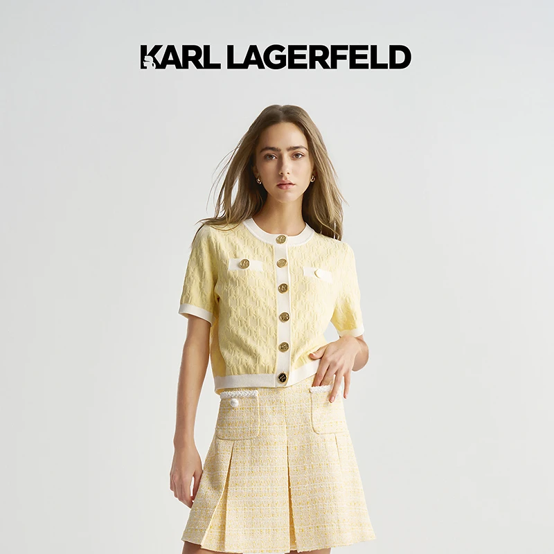 KARL LAGERFELD卡尔拉格斐2025夏新款黄色提花开衫老佛爷M22E2256