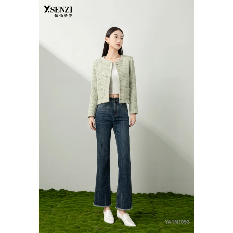 依仙圣姿专柜女裤显瘦微喇牛仔裤毛边时尚2024年秋季新品YA1N1093