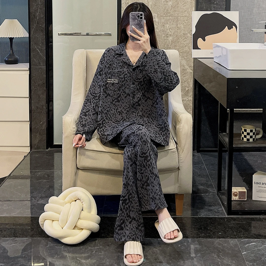 睡衣女春秋季长袖大码德绒2025新款可外穿保暖黑色豹纹套装家居服