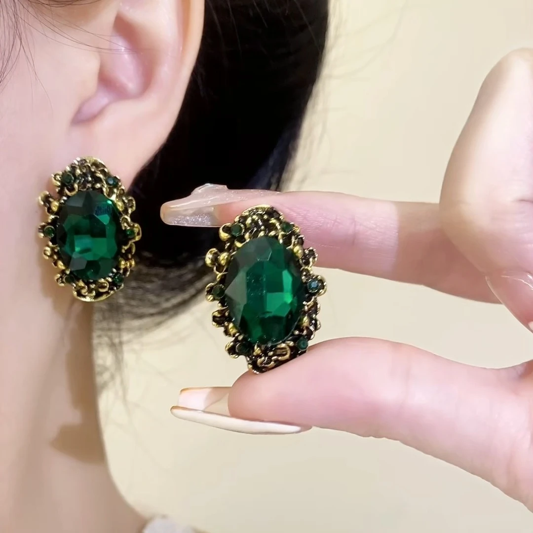 锌合金仿水晶耳饰 绿色耳钉小众耳环新款潮高级气质欧美法式百搭