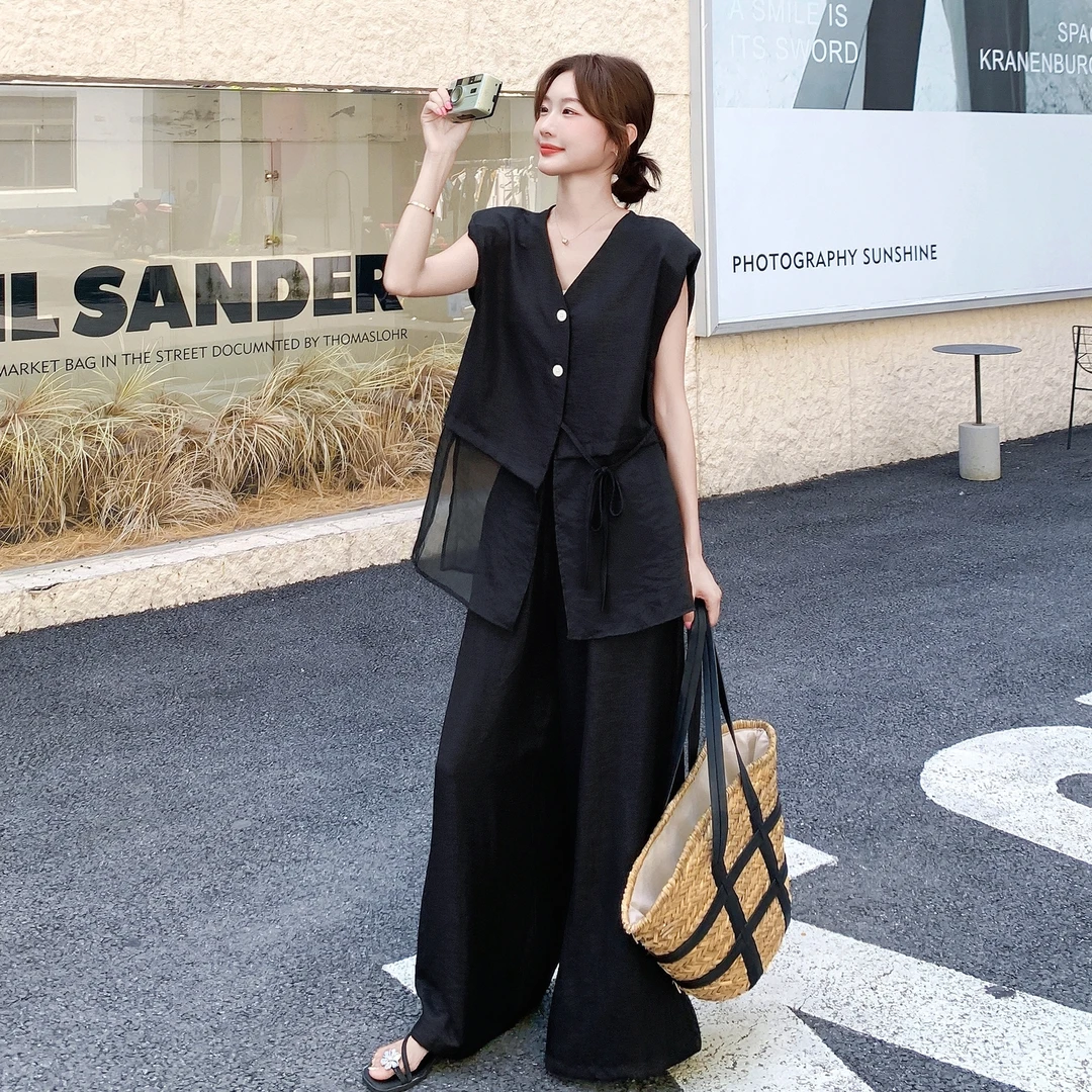 黑色网纱拼接马甲阔腿裤套装女夏季轻熟高级感气质御姐穿搭两件套