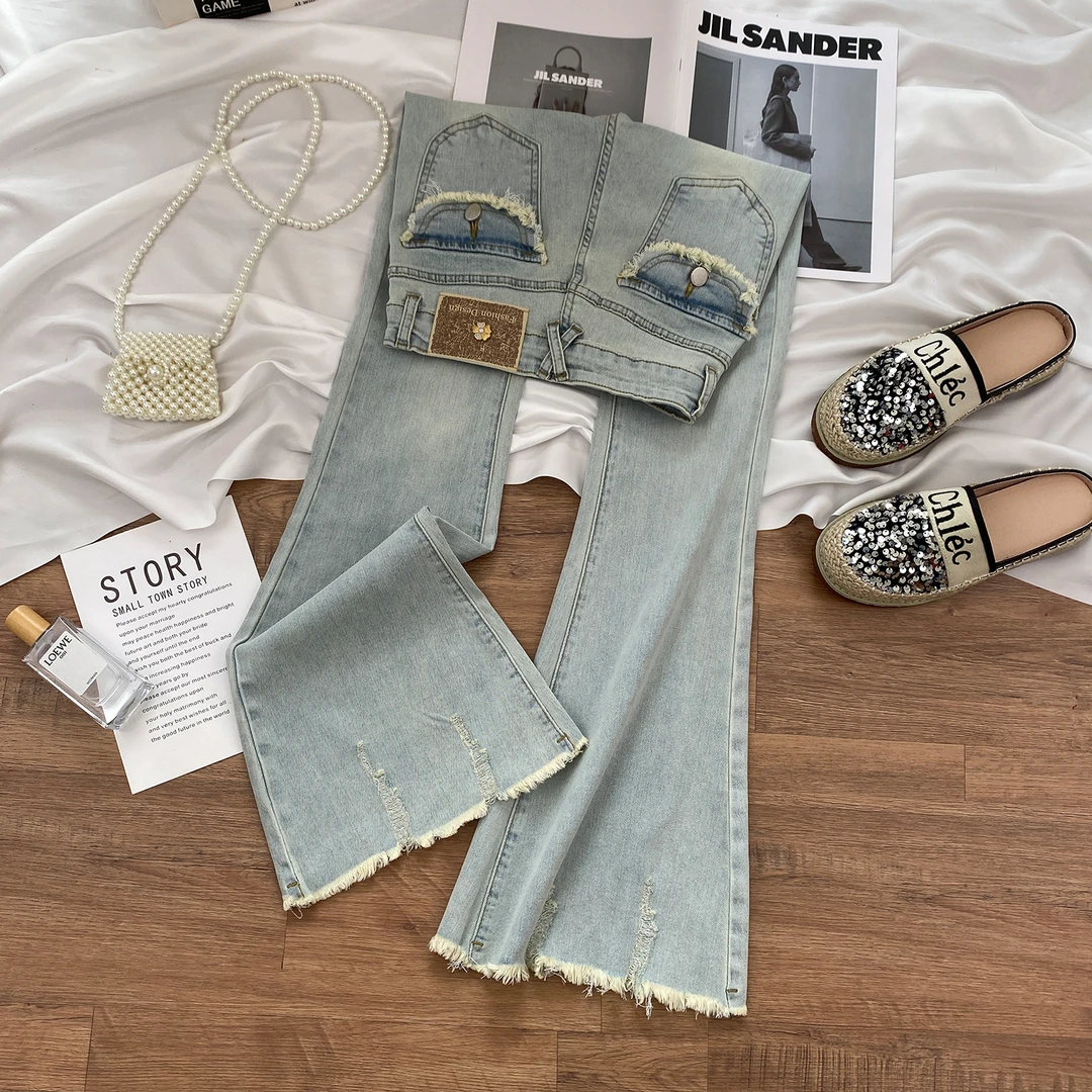 浅蓝色高腰毛边微喇牛仔裤女2025年秋季薄款显瘦修身喇叭马蹄裤子