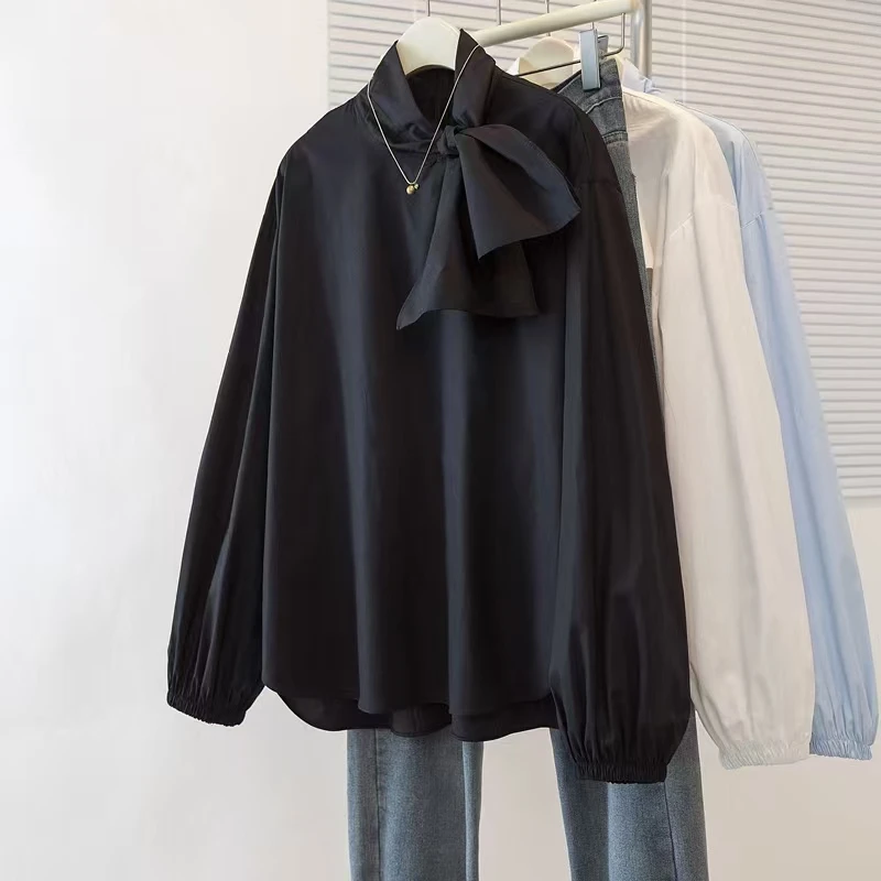 大码蝴蝶绑带立领上衣气质长袖时尚休闲百搭春季小众宽松黑色简约