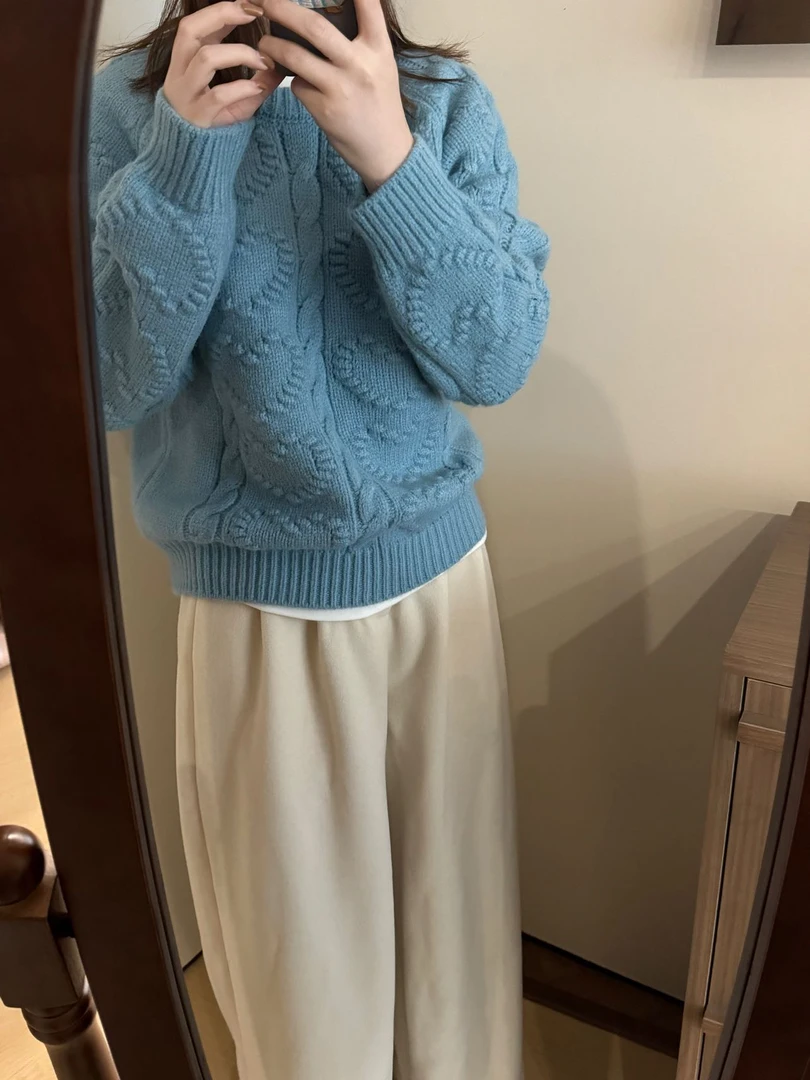 清仓 韩系爱心鼓包麻花套头宽松针织衫打底衫毛衣女文艺韩系