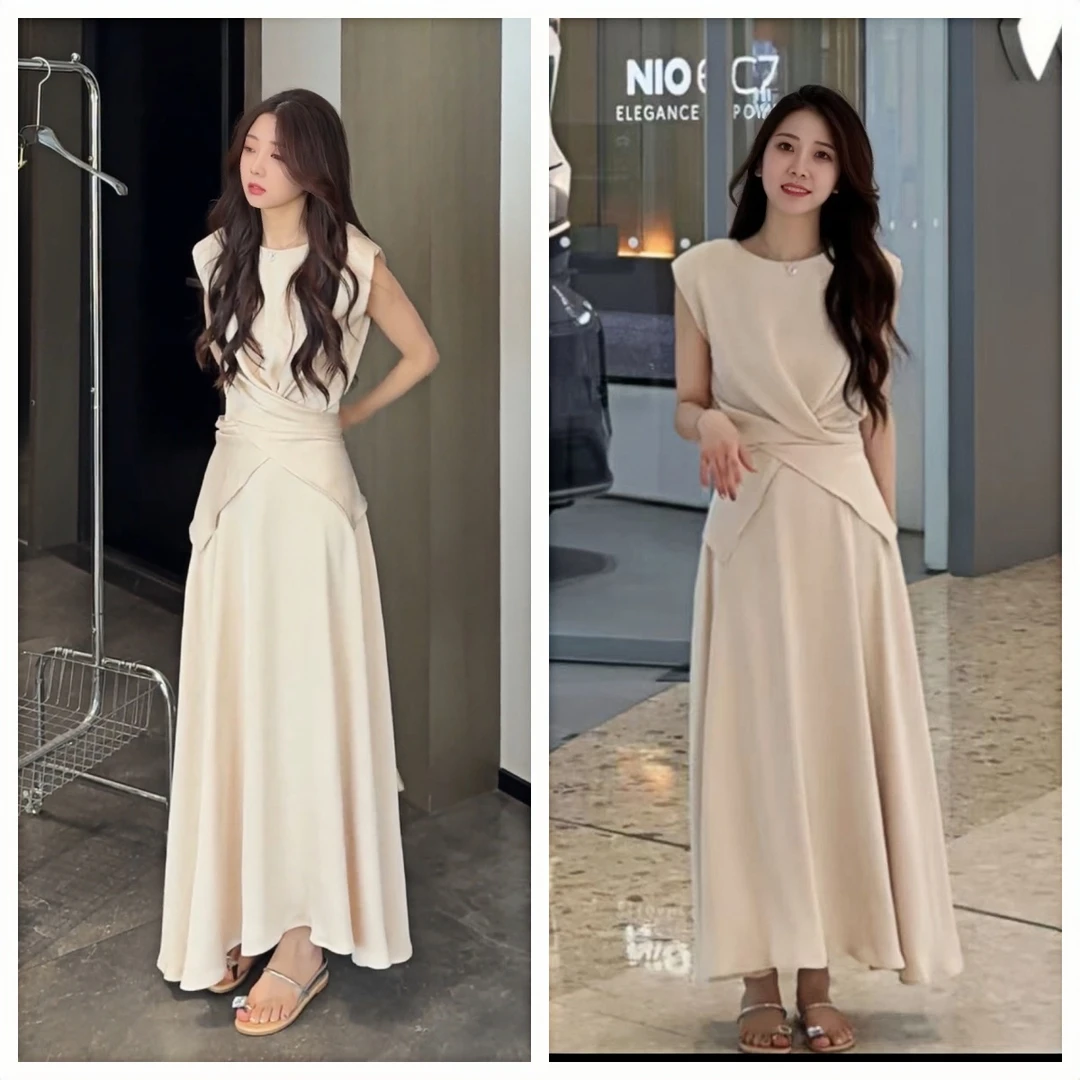 壹壹落日人鱼湾法式气质不规则系带缎面上衣半裙套装