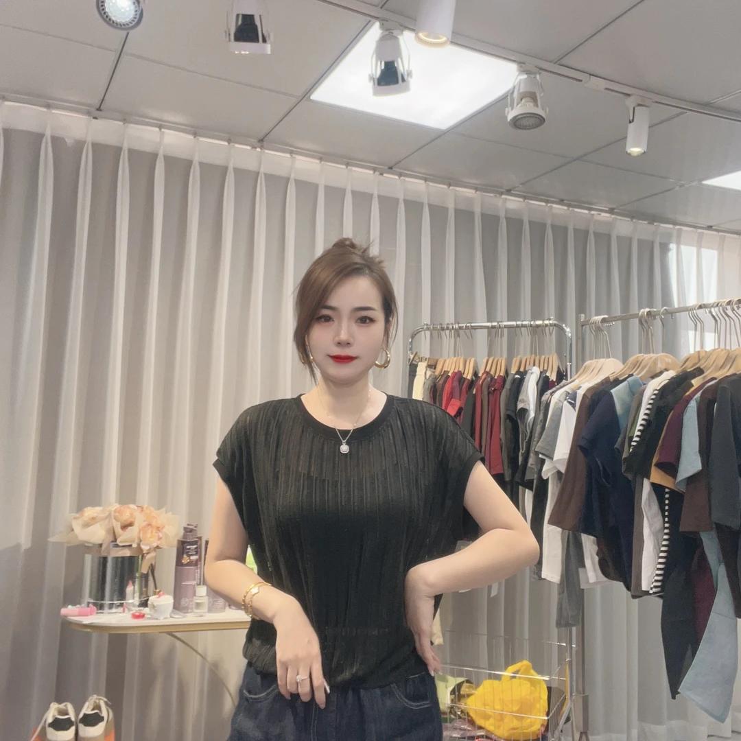 大美小美 微胖MM（现货福利）圆领吸汗短袖提花山本风褶皱