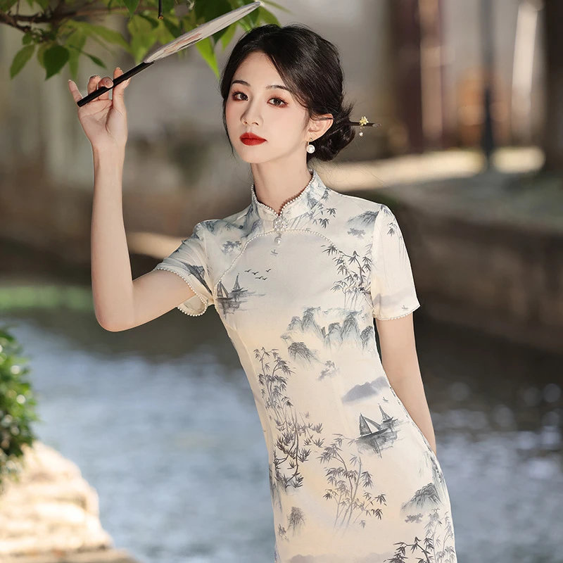 夏季新款棉麻中长款复古优雅显瘦中国风印花旗袍展现夏季气质少女