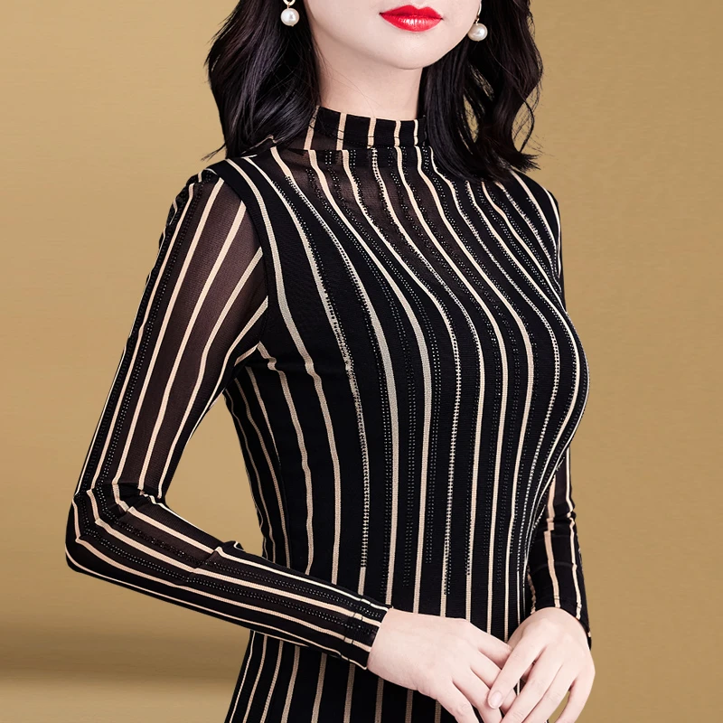 8766上衣加厚加绒打底衫2024新款秋冬女长袖高领条纹