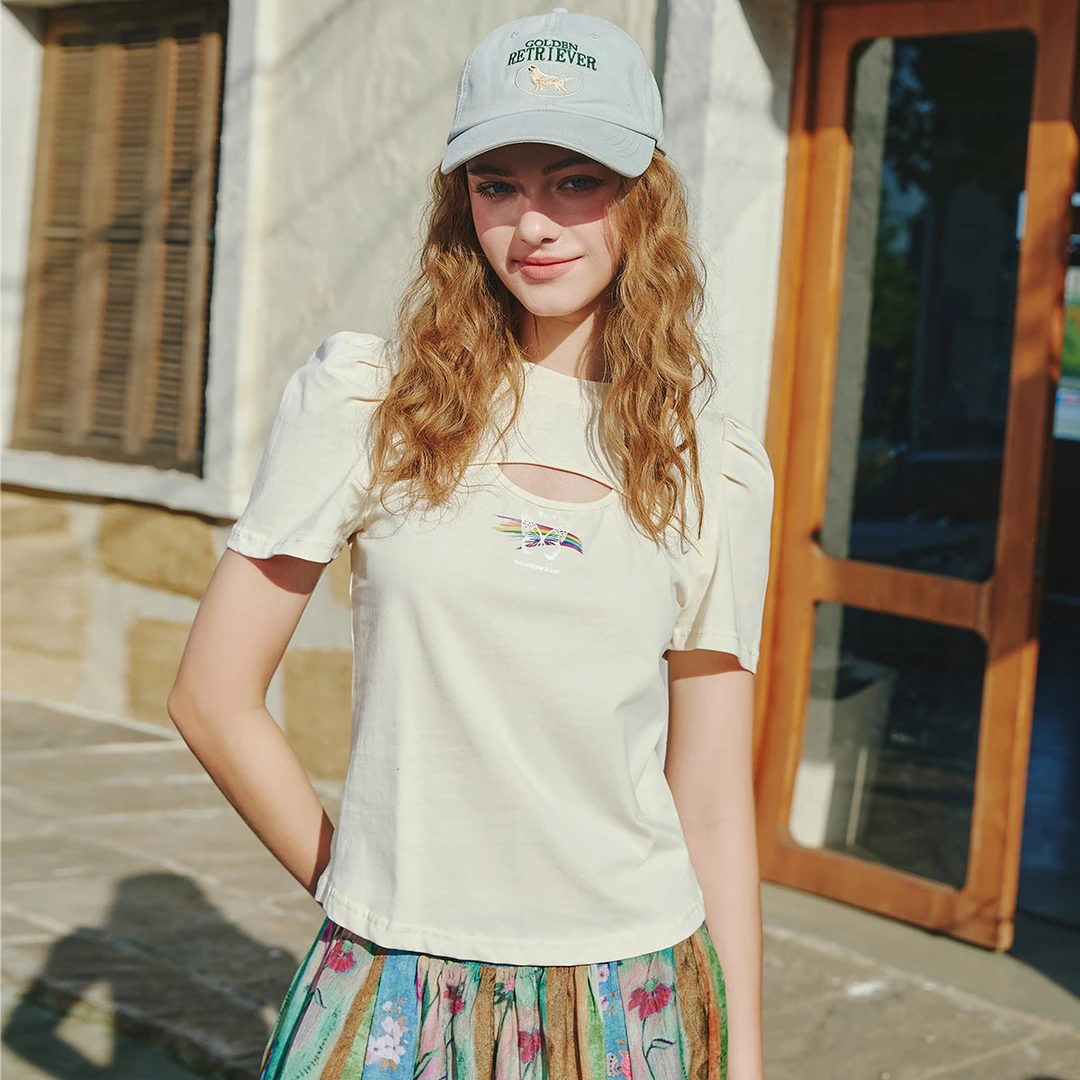 a02【金拐子专属】【100%棉】简约印花镂空设计女式T恤AEI2T7642