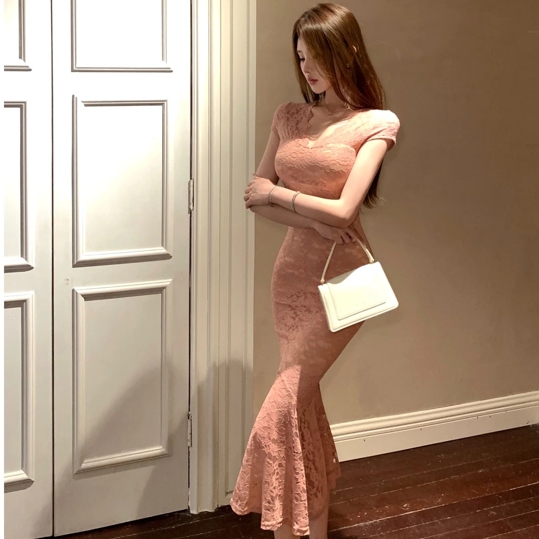 法式气质女人味风情万种收腰显瘦绝美温柔纯欲性感蕾丝鱼尾连衣裙
