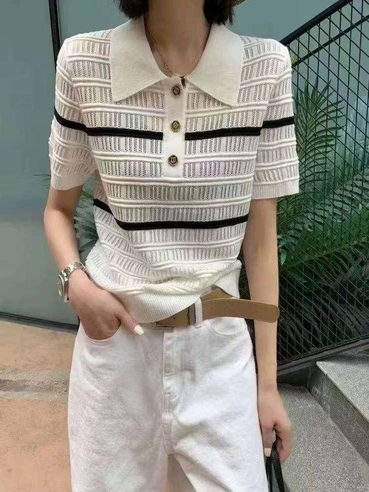 ［田甜南油］镂空横条针织开衫POLO领&一直被模仿#Tt2038