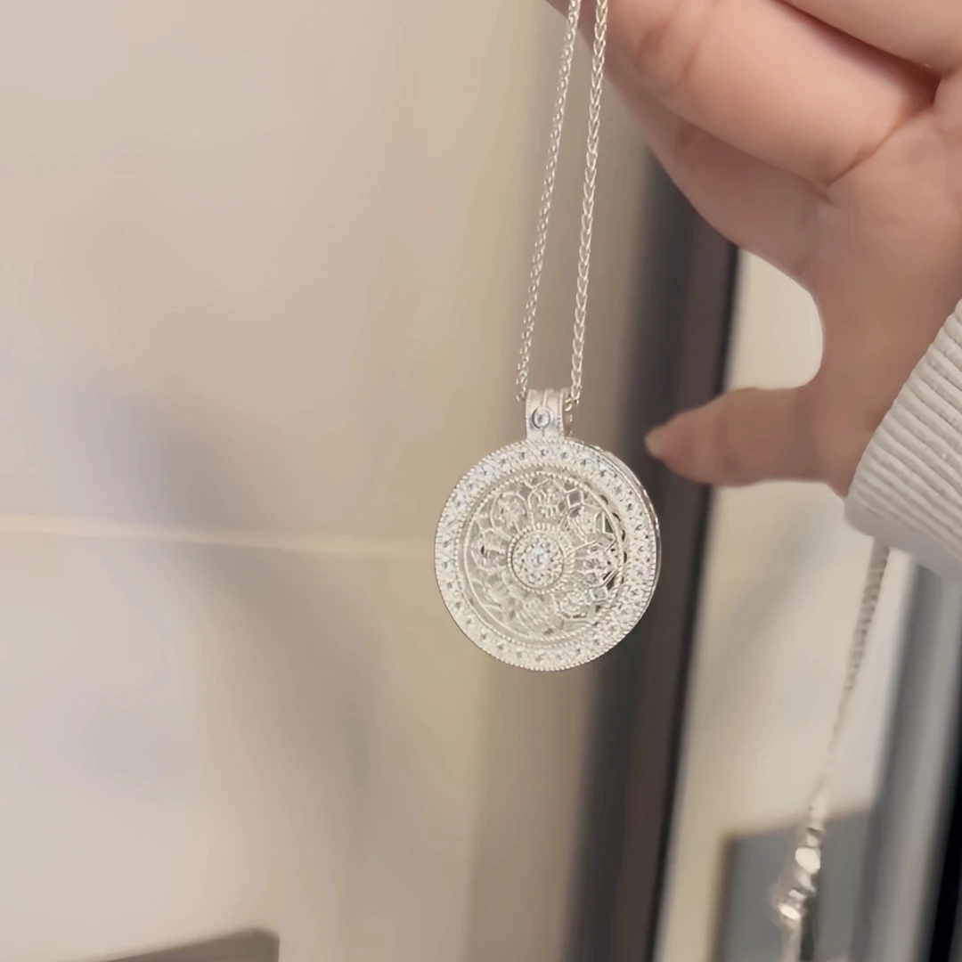 银吊坠 重工可旋转八宝罗盘项链新中式福字圆盘轻奢小众礼物