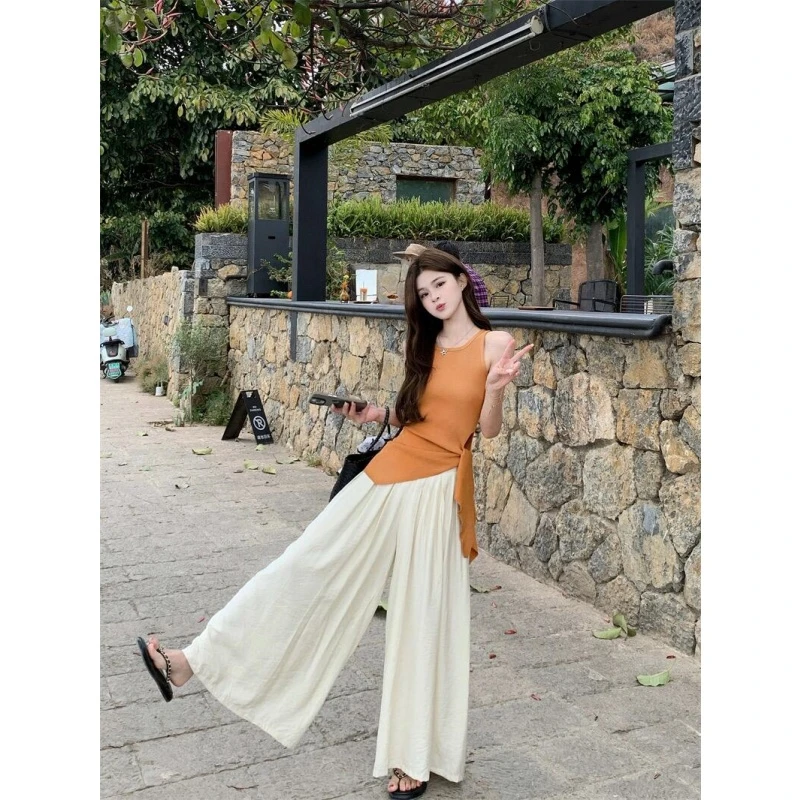 parkyeon慵懒风绑带针织无袖背心女夏季直筒垂感阔腿裤时尚套装