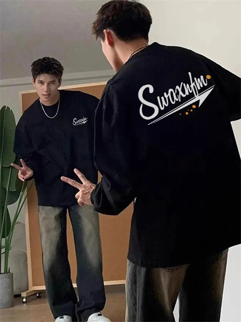 国潮高级字母重磅纯棉长袖T恤男秋冬宽松街头休闲上衣痞帅打底衫