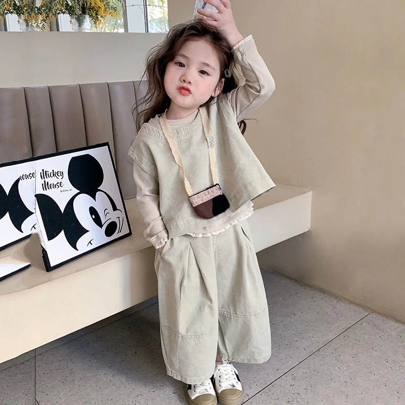 女童洋气宽松春秋季网红阔腿裤套装女宝宝2025新款森系时髦三件套