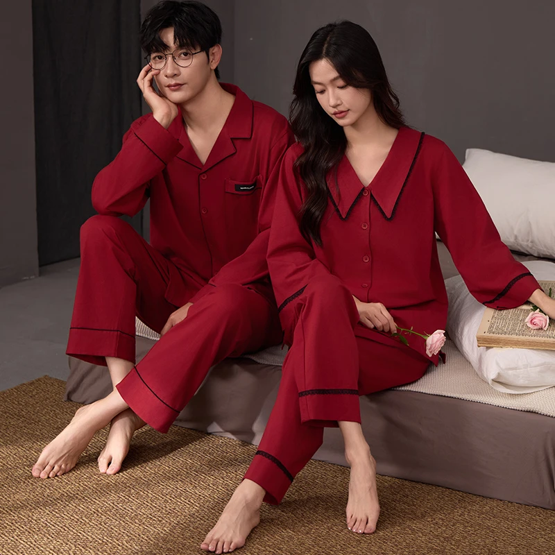 莱卡棉情侣红色睡衣秋冬款纯棉长袖喜庆新婚简约风男女家居服春秋