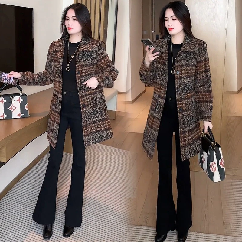 时尚加厚格子毛呢外套女2025冬季新款气质显瘦减龄中长款呢子大衣