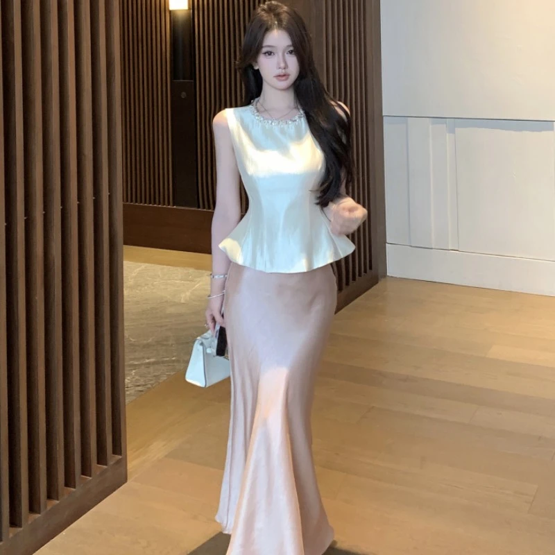 高级感重工钉珠无袖上衣女夏新中式国风鱼尾半裙长款包臀裙两件套