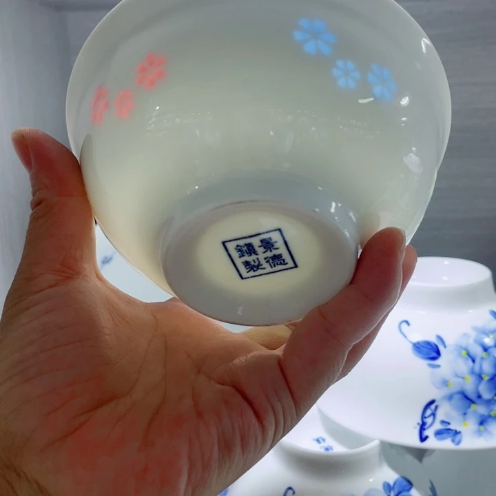 青花玲珑5寸饭碗三星花彩玲珑