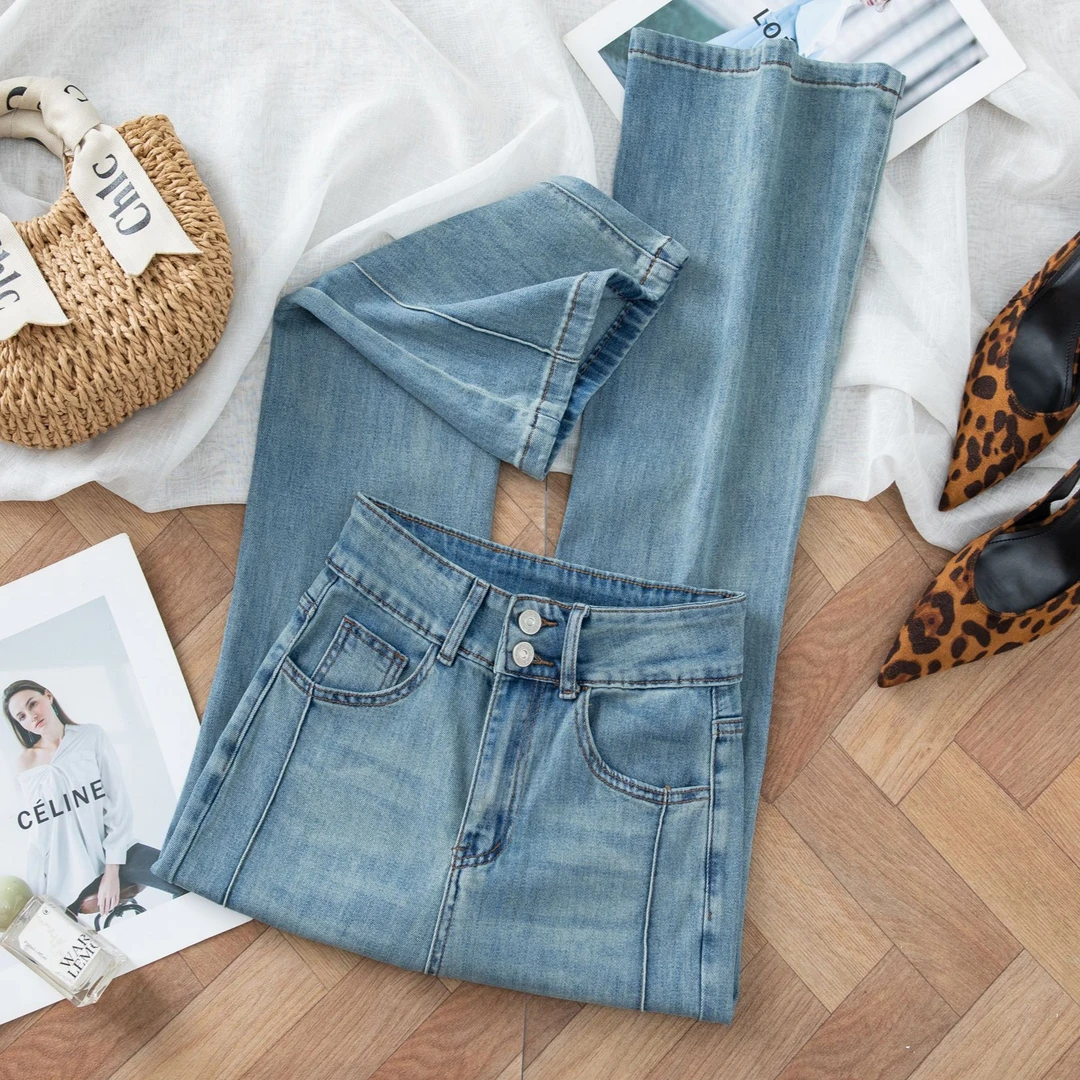 韩版拼接九分直筒牛仔裤女春季新款显瘦八分小个子不贴腿微喇裤潮