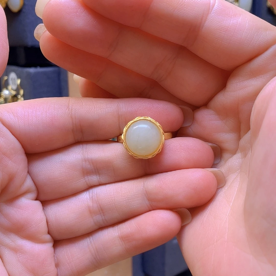 和田玉银S925镀金镶嵌戒指