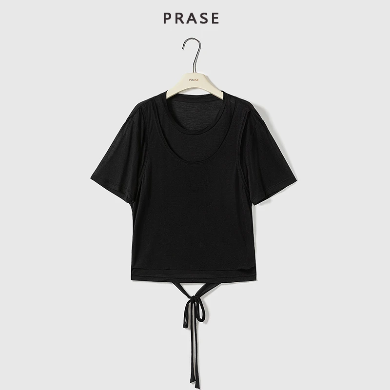 PRASE·噜【解构美学】100天丝微胖轻奢设计款夏女假两件T恤PR506S02