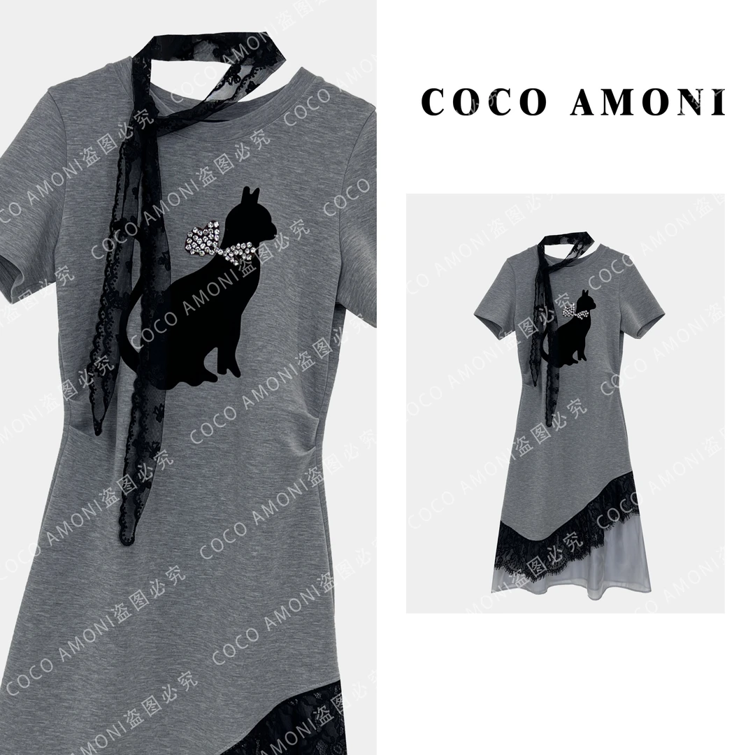 夏季新款高级重工女装拼接围脖蝴蝶结休闲气质连衣裙ZC083