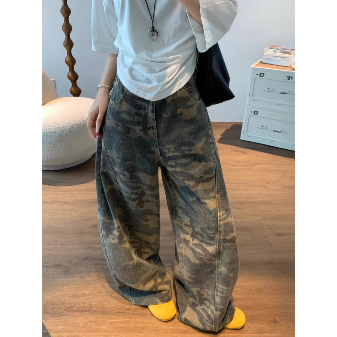 美式复古迷彩弯刀牛仔裤女秋季新款胖妹妹mm高腰宽松设计感阔腿裤