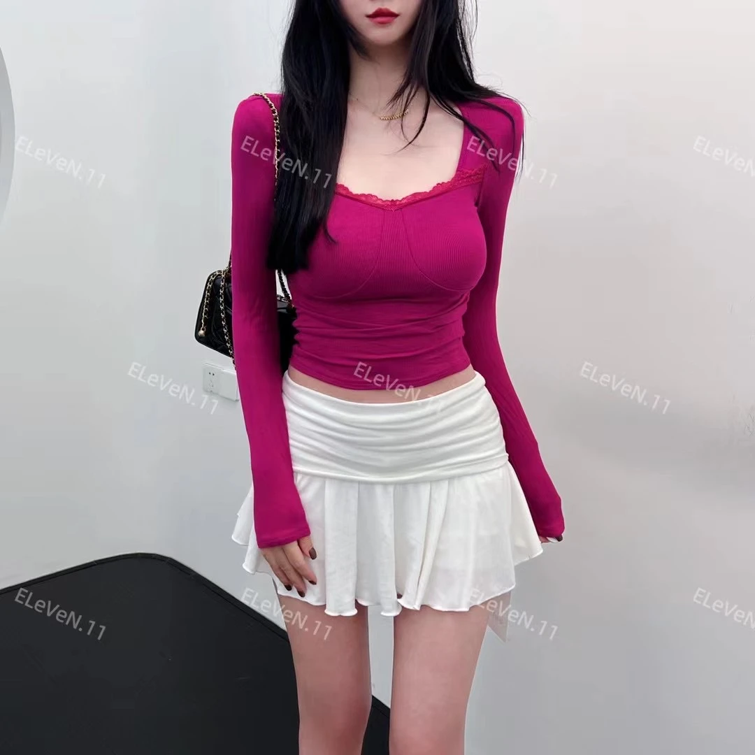 辣妹性感紧身显胸方领蕾丝长袖T恤女春秋新款纯欲修身显瘦上衣ins