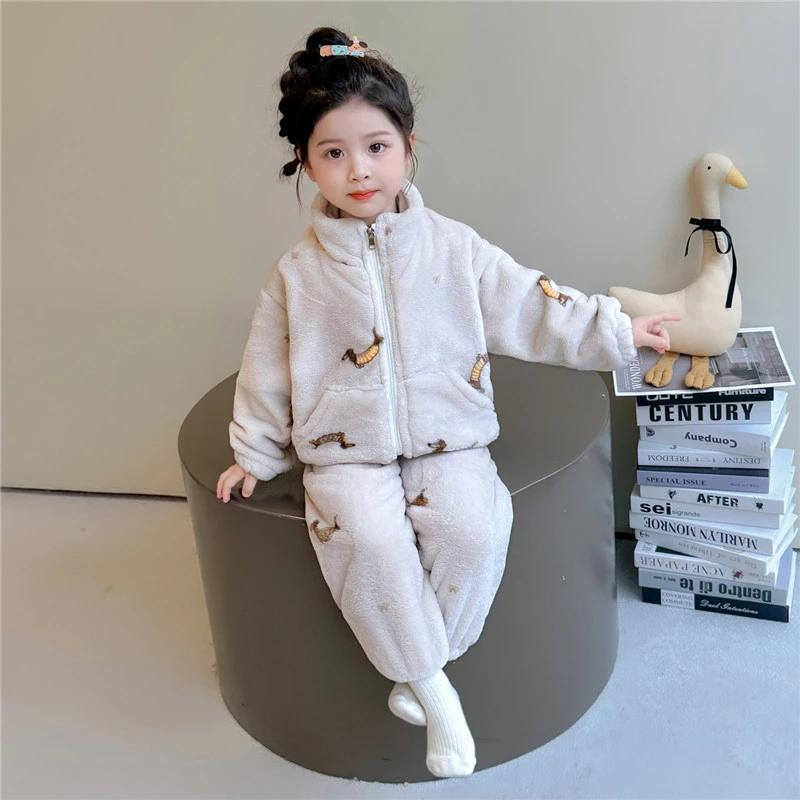 女童睡衣套装2025新款秋冬珊瑚绒拉链衫立领保暖法兰绒卡通居家服