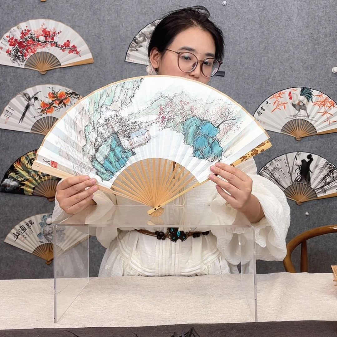 国画。****。95寸水磨玉竹纯手绘-文玩扇骨（默认粘好）