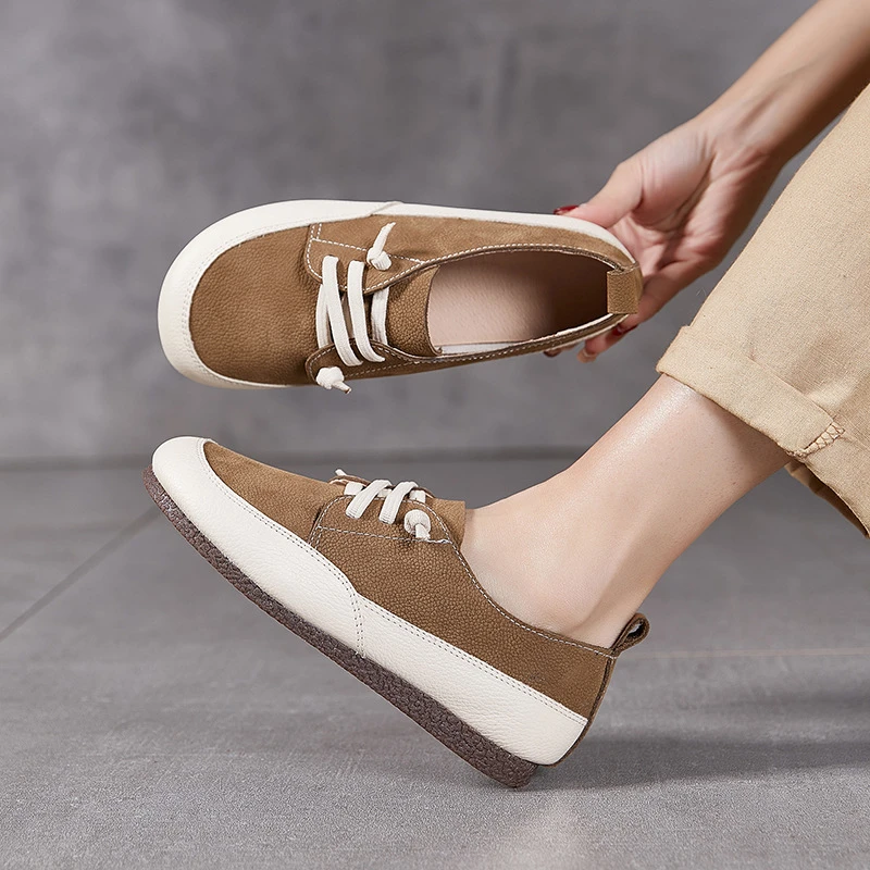车缝线牛皮拼接防水休闲中口单鞋秋季鞋子百搭板鞋布鞋春季