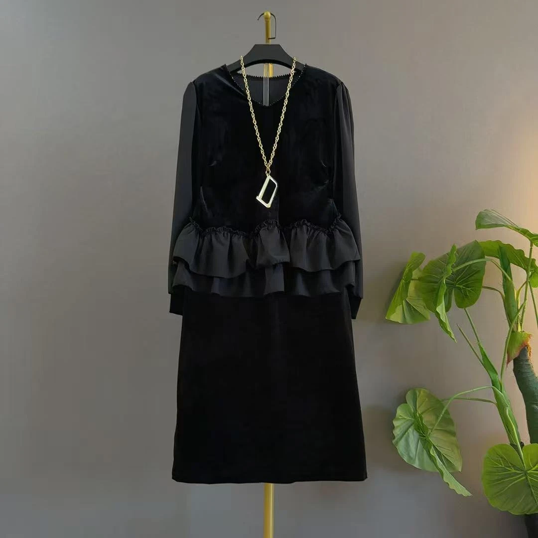 V领长袖韩版宽松型简约通勤衬衫时尚春季黑色气质拼接上衣+半裙