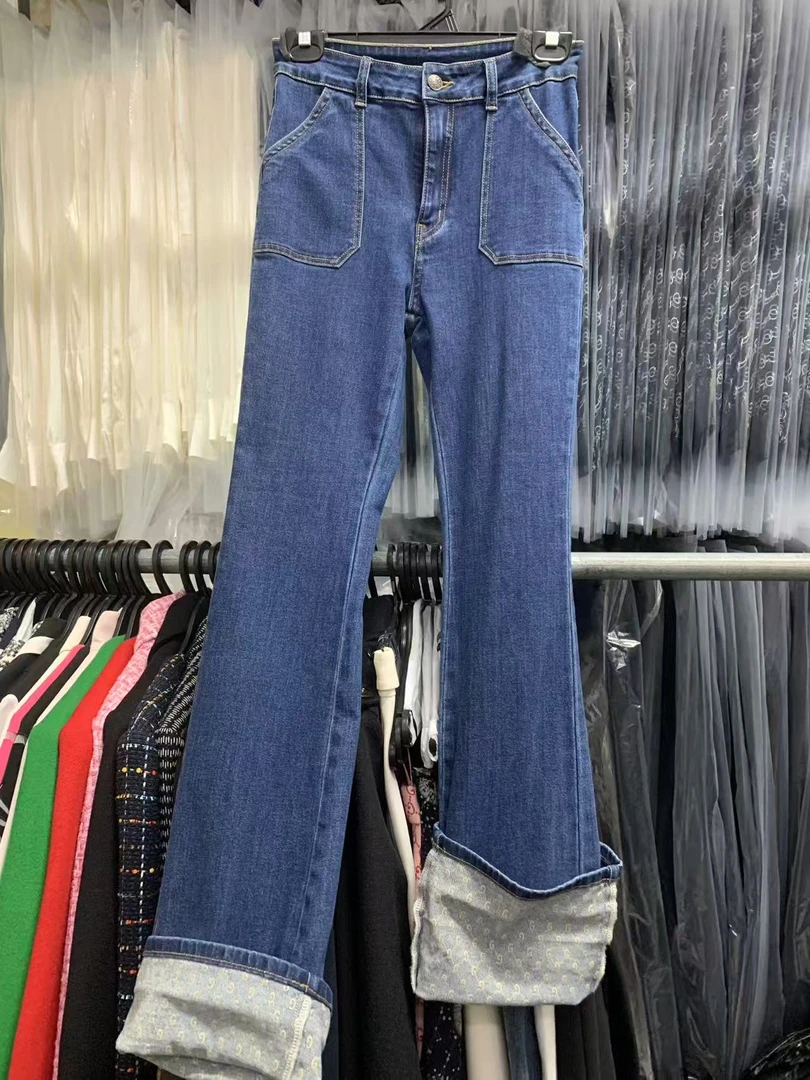 慕溢-253蓝色翻边微喇百搭牛仔裤