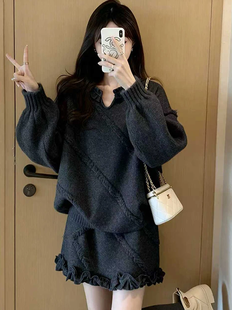 2025年慵懒风毛衣套装女深冬穿搭针织上衣半身裙两件套大码套装