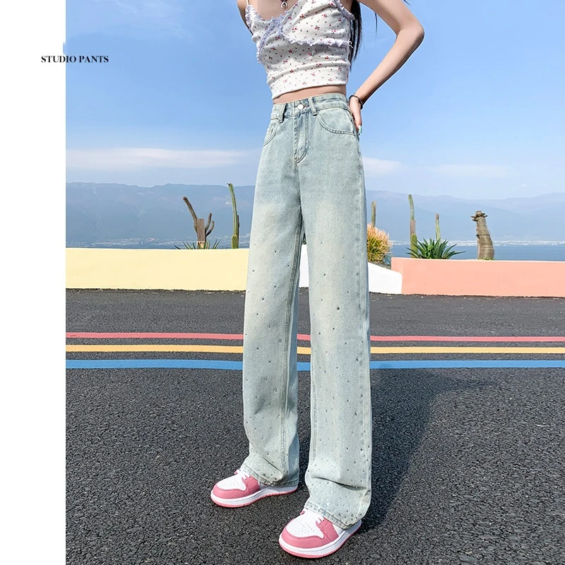 浅色烫钻直筒牛仔裤女款爆款2025新款小个子高腰宽松显瘦阔腿裤子
