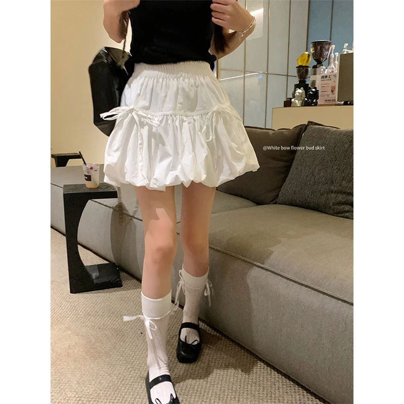 设计感蝴蝶结绑带蓬蓬裙子白色半身裙女秋季甜美风A字短裙花短裙