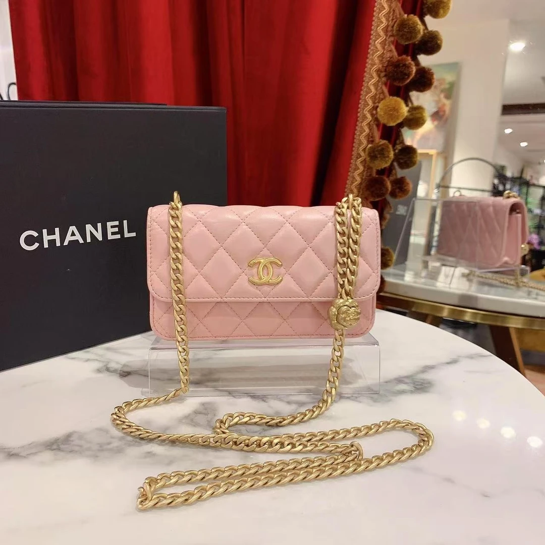 95新 Chanel/香奈儿 GGS丨23s山茶花金球手机包粉金芯片/54603797