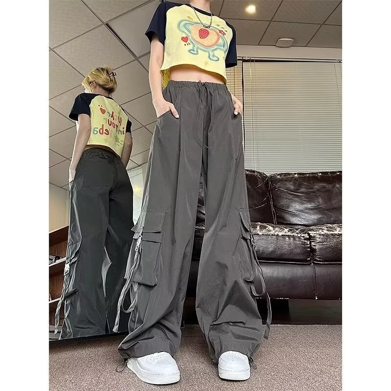 女士春夏款美式复古宽松速干薄款微喇休闲冲锋伞兵阔腿工装长裤