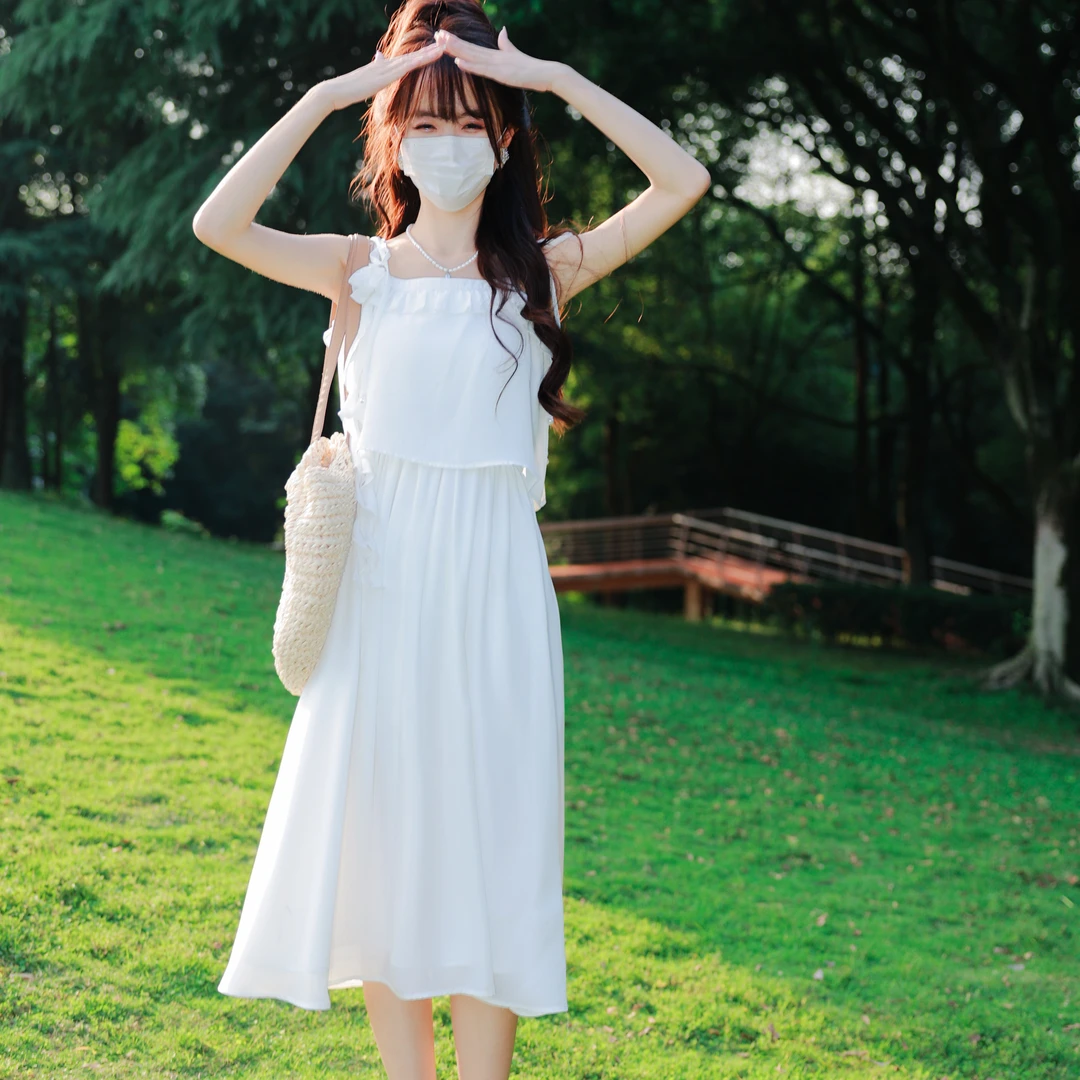 花崎鹿原创温柔长裙莉莉白昼气质白色假两件雪纺仙女裙甜美小众