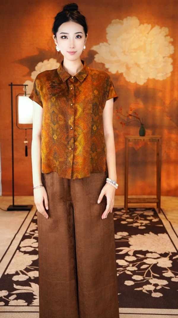 J 『敦煌壁画』100%桑蚕丝香云纱上衣99325